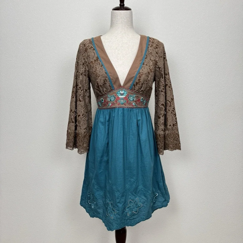 Vtg 90s Flying Tomato‎ Dress Womens Small Blue Empire Waist Crochet Boho Indie - Picture 2 of 16